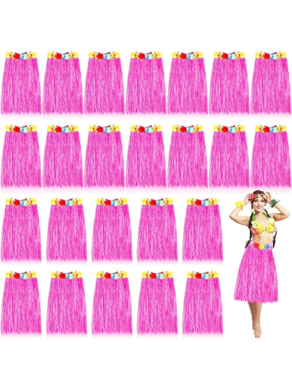 24 Pcs Hawaiian Hula Grass Skirts for Women - 24 Inch Tropical Party Decor